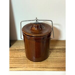 Vintage Brown Glazed Stoneware Crock with Metal Wire Bail Locking Lid
